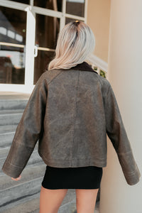 Calmly Chic Washed Faux Leather Jacket (Brown) - NanaMacs