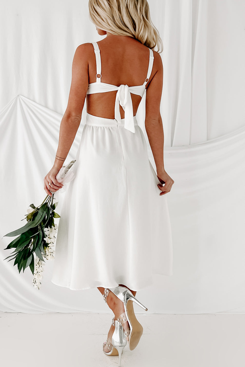 Sweet But Simple Tie Back Midi Dress (White) - NanaMacs