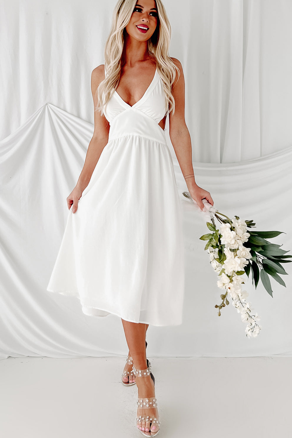 Sweet But Simple Tie Back Midi Dress (White) - NanaMacs