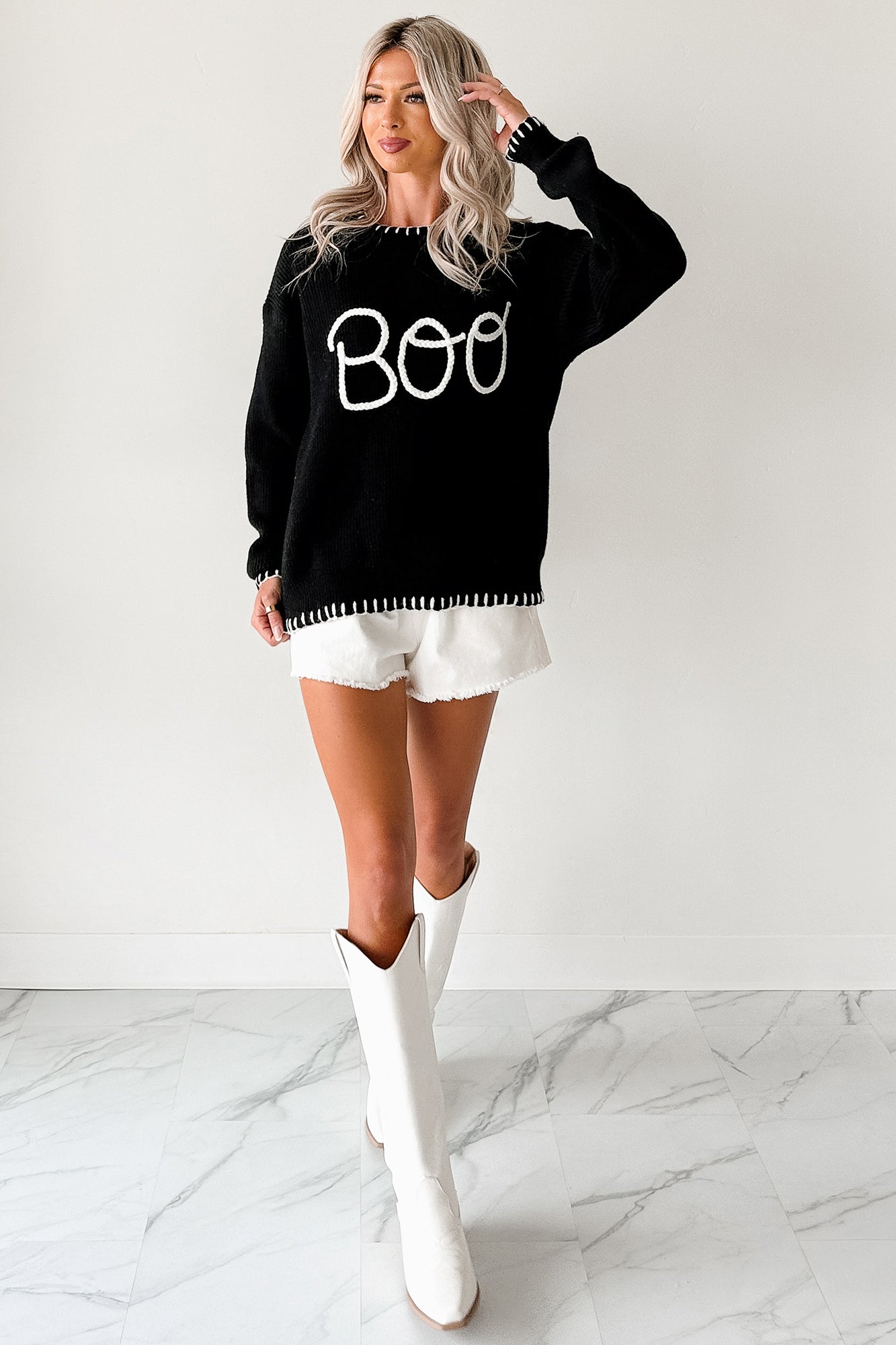 "BOO" Braided Text Halloween Sweater (Black) - NanaMacs