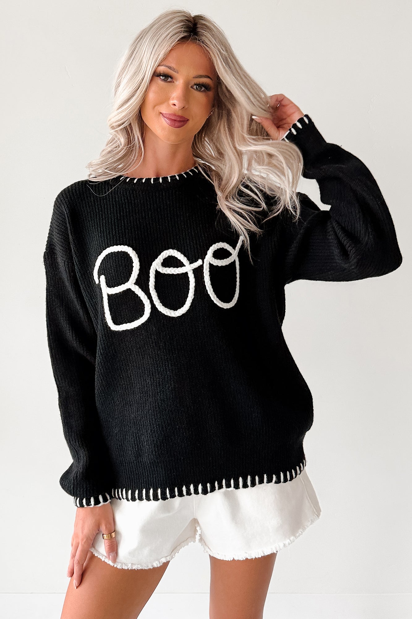 "BOO" Braided Text Halloween Sweater (Black) - NanaMacs