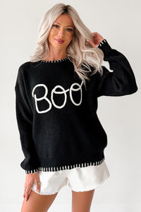 "BOO" Braided Text Halloween Sweater (Black) - NanaMacs