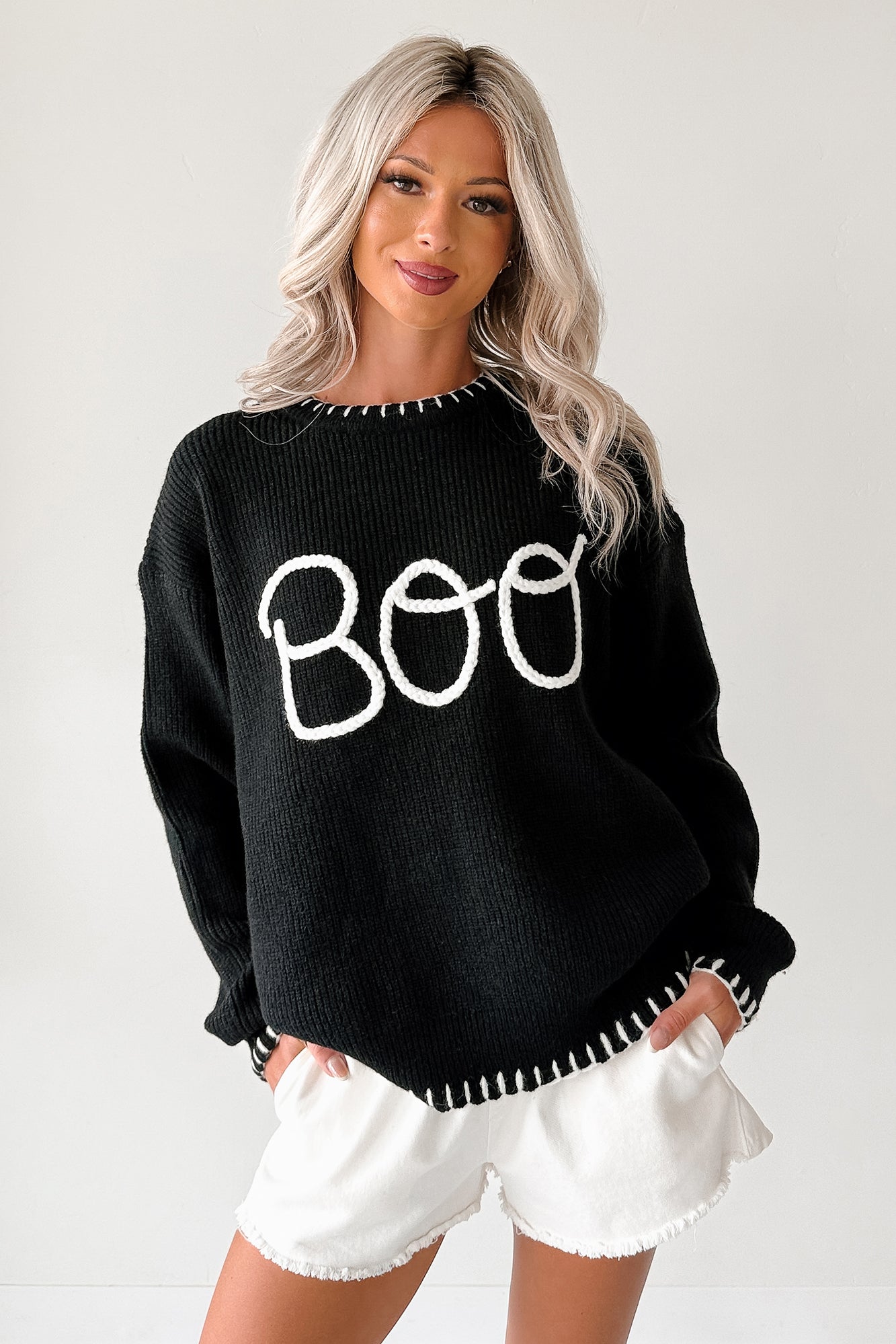 "BOO" Braided Text Halloween Sweater (Black) - NanaMacs