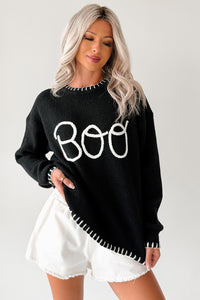 "BOO" Braided Text Halloween Sweater (Black) - NanaMacs