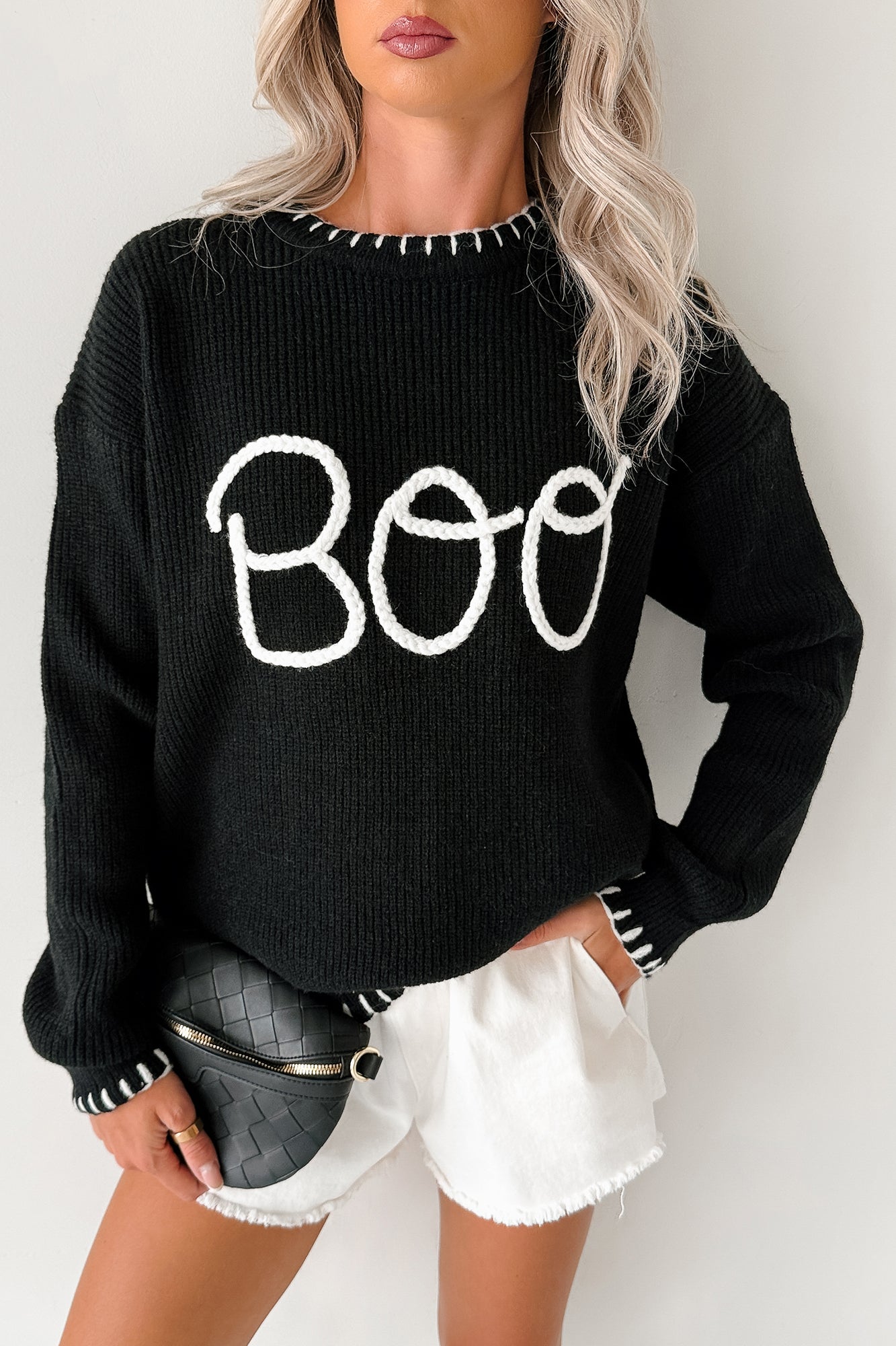 "BOO" Braided Text Halloween Sweater (Black) - NanaMacs