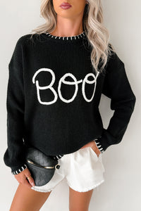 "BOO" Braided Text Halloween Sweater (Black) - NanaMacs