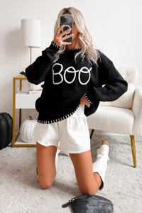 "BOO" Braided Text Halloween Sweater (Black) - NanaMacs