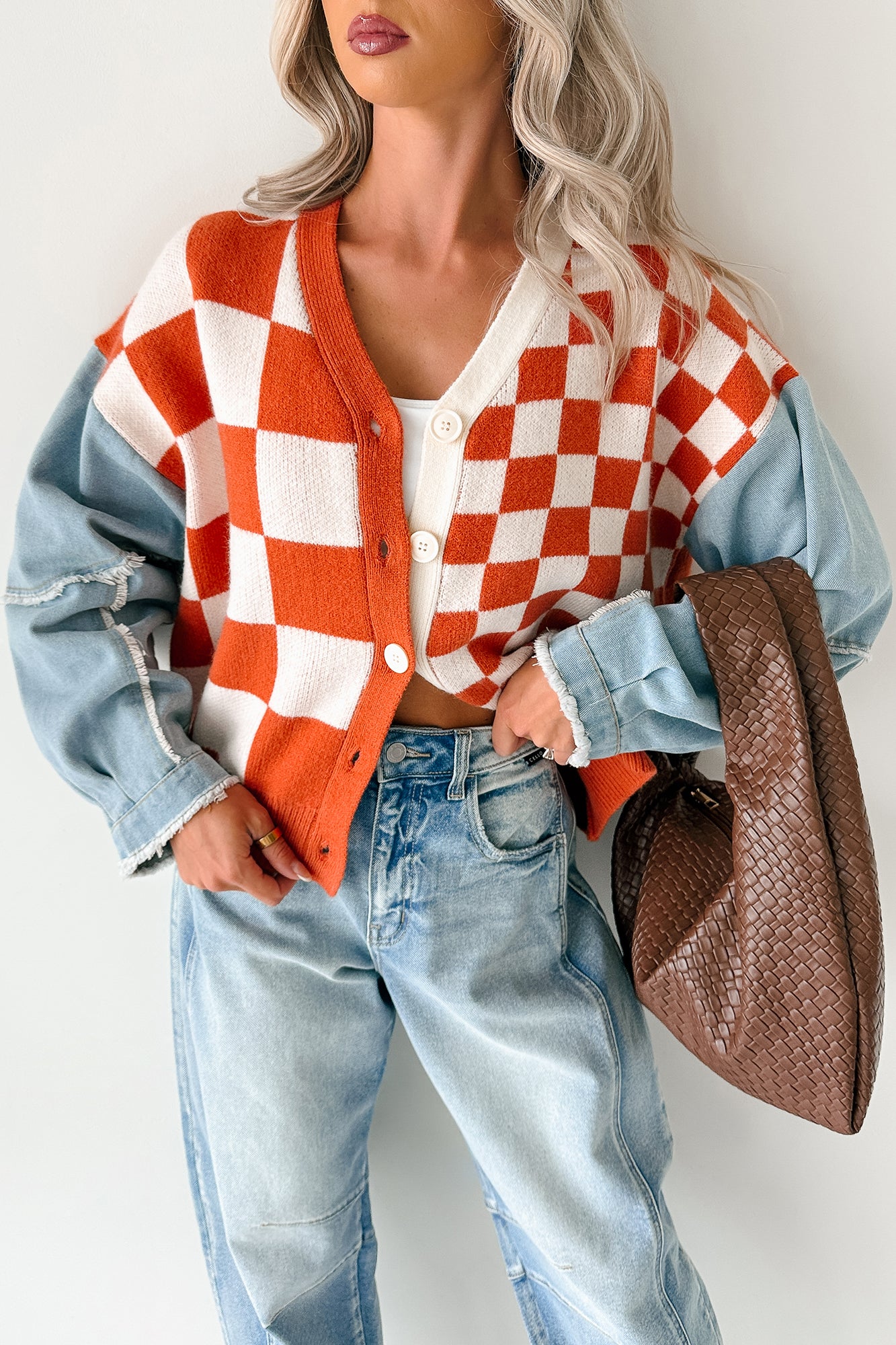 Wild Out Checkered Knit Denim Sleeve Cardigan (Orange) - NanaMacs