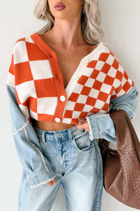 Wild Out Checkered Knit Denim Sleeve Cardigan (Orange) - NanaMacs