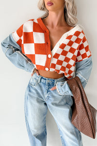 Wild Out Checkered Knit Denim Sleeve Cardigan (Orange) - NanaMacs