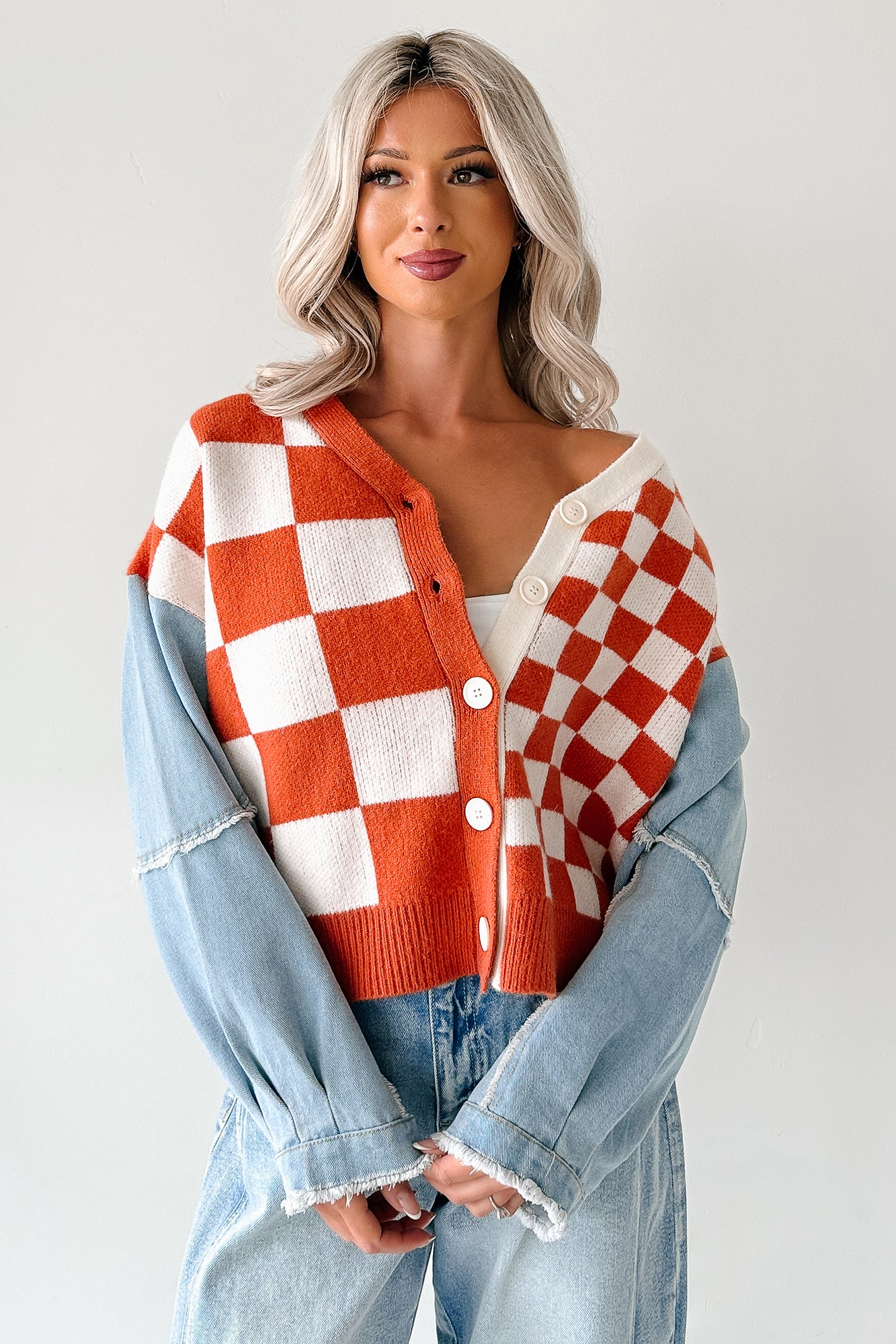 Wild Out Checkered Knit Denim Sleeve Cardigan (Orange) - NanaMacs