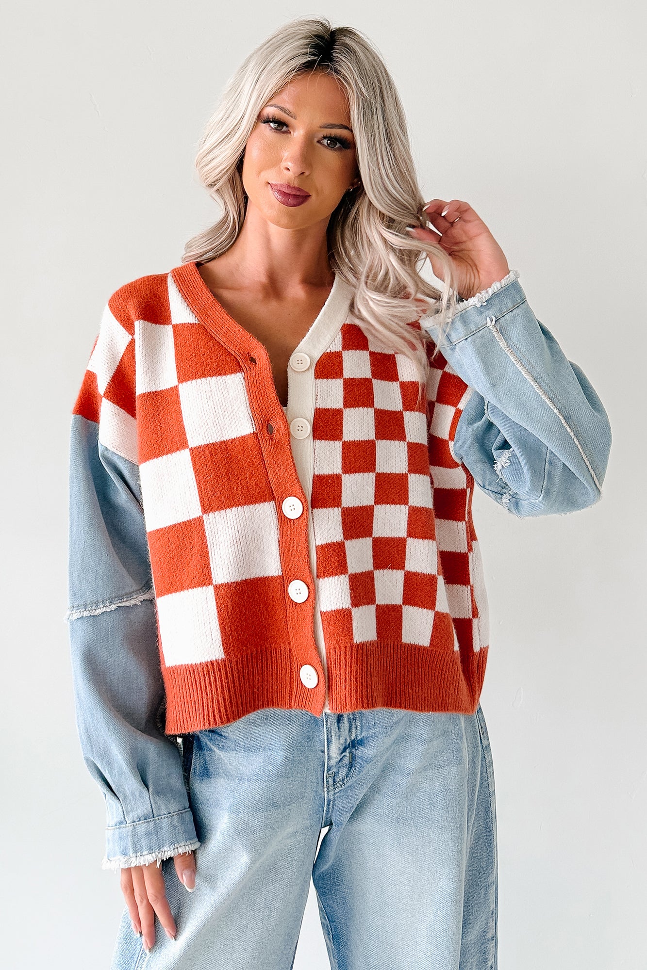 Wild Out Checkered Knit Denim Sleeve Cardigan (Orange) - NanaMacs