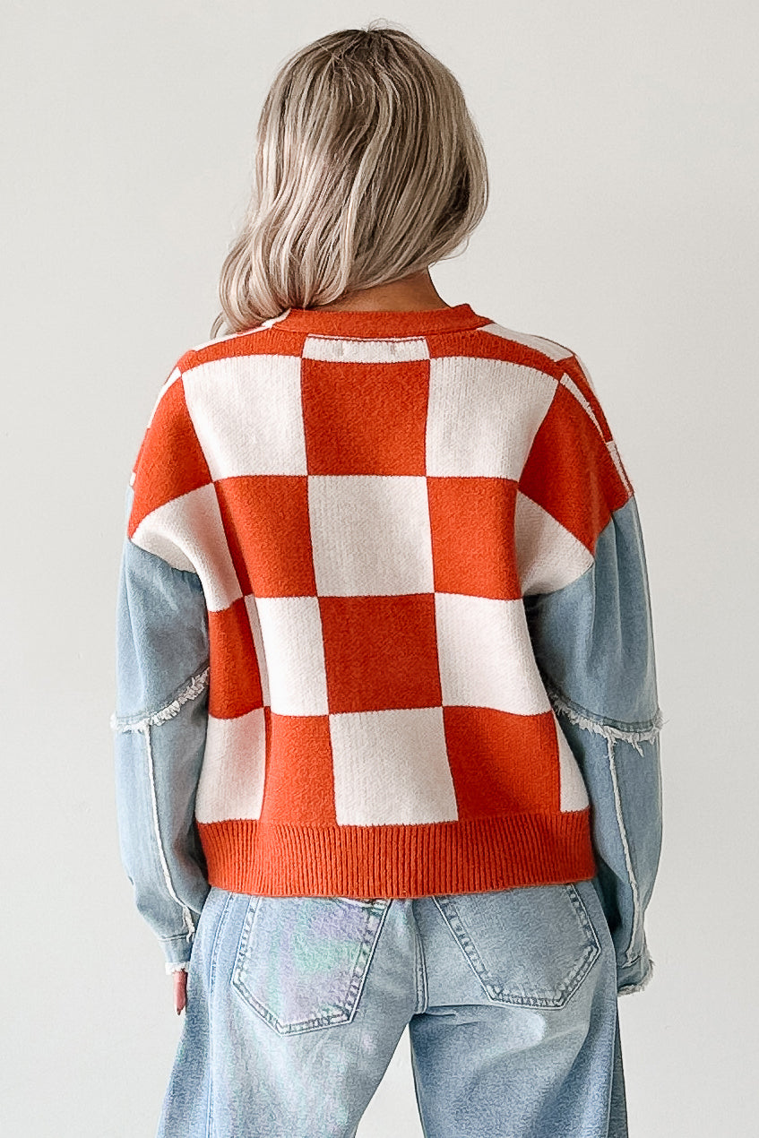 Wild Out Checkered Knit Denim Sleeve Cardigan (Orange) - NanaMacs