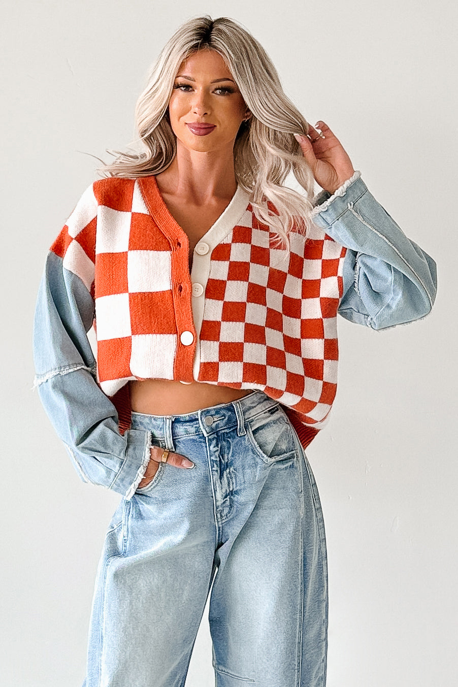 Wild Out Checkered Knit Denim Sleeve Cardigan (Orange) - NanaMacs