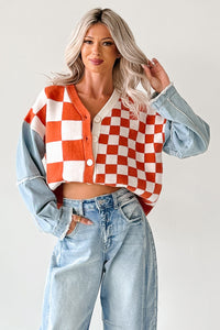 Wild Out Checkered Knit Denim Sleeve Cardigan (Orange) - NanaMacs