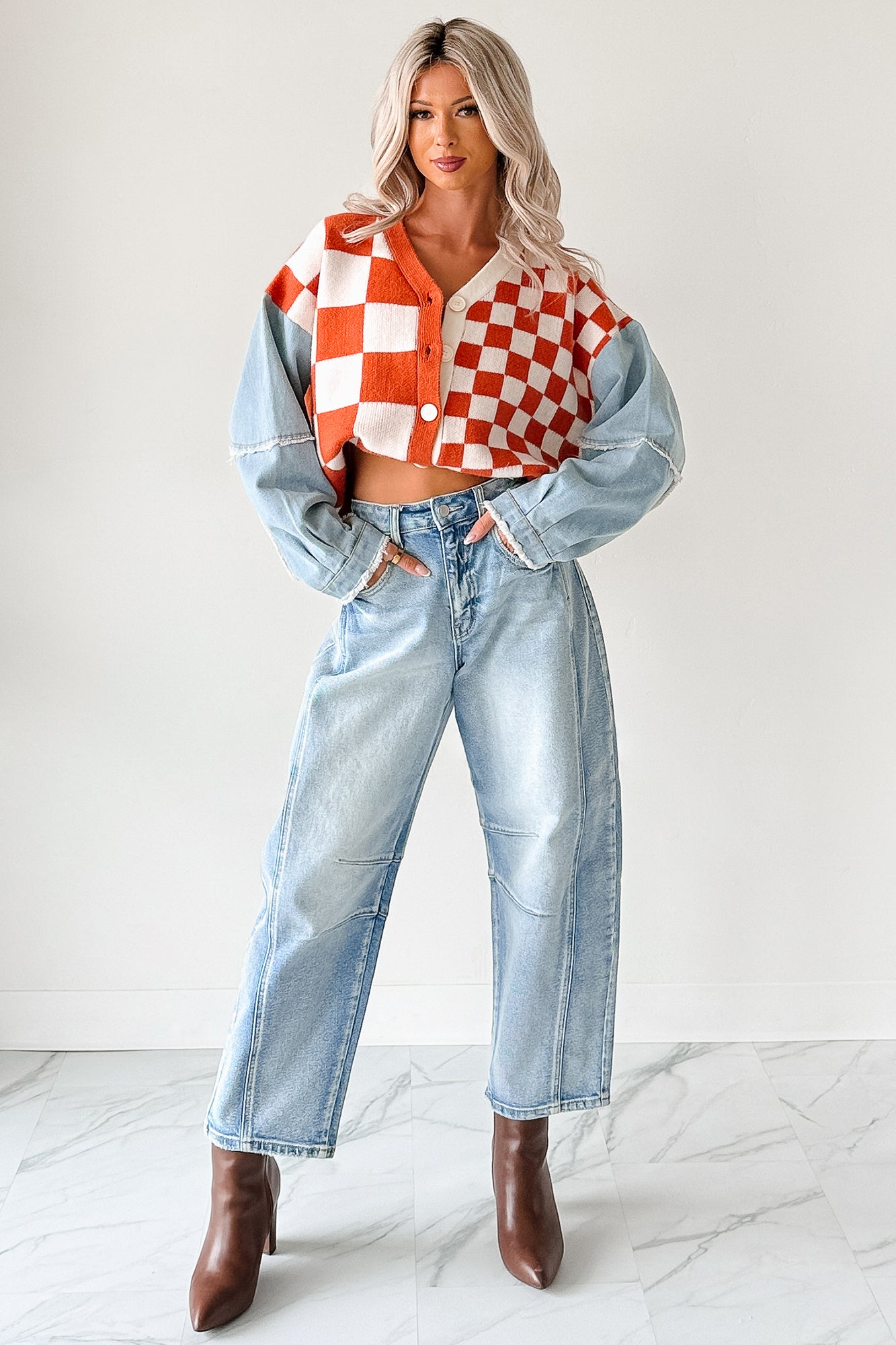 Wild Out Checkered Knit Denim Sleeve Cardigan (Orange) - NanaMacs