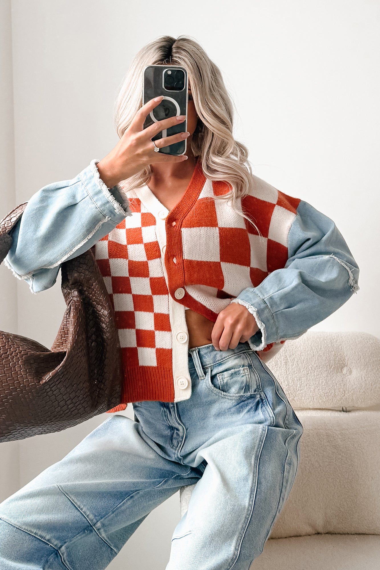 Wild Out Checkered Knit Denim Sleeve Cardigan (Orange) - NanaMacs