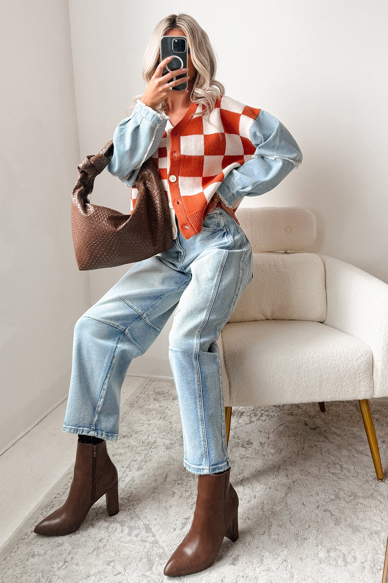 Wild Out Checkered Knit Denim Sleeve Cardigan (Orange) - NanaMacs