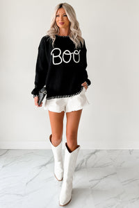 "BOO" Braided Text Halloween Sweater (Black) - NanaMacs