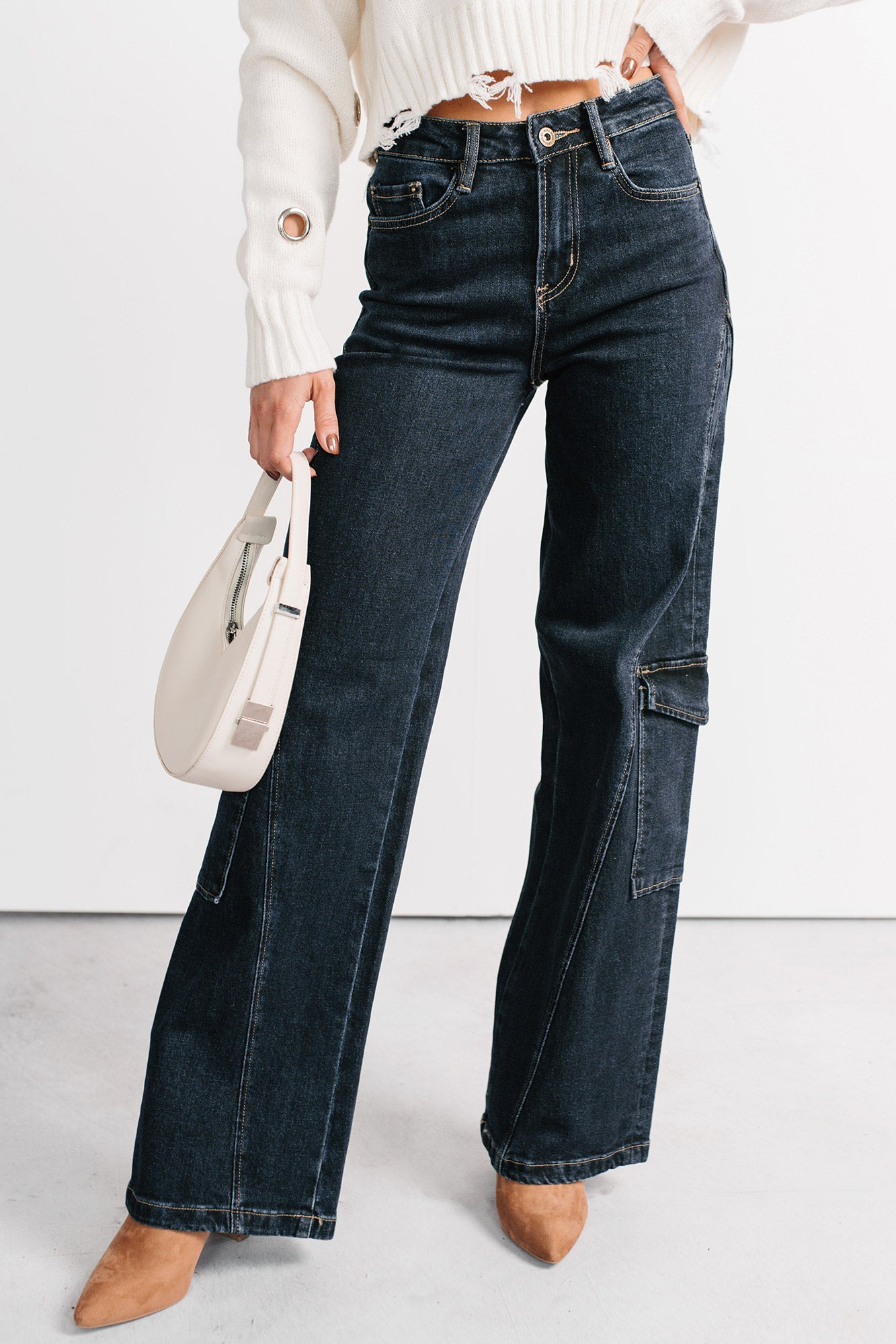Crosby Wide Leg Mica Denim Cargo Jeans (Dark Wash) · NanaMacs