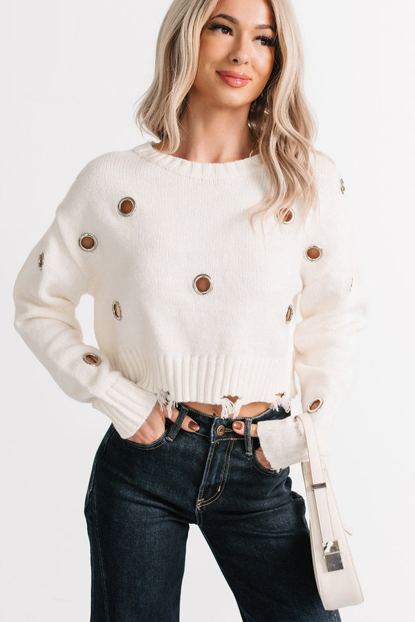 Winter Slow Distressed Grommet Sweater (Ivory) - NanaMacs