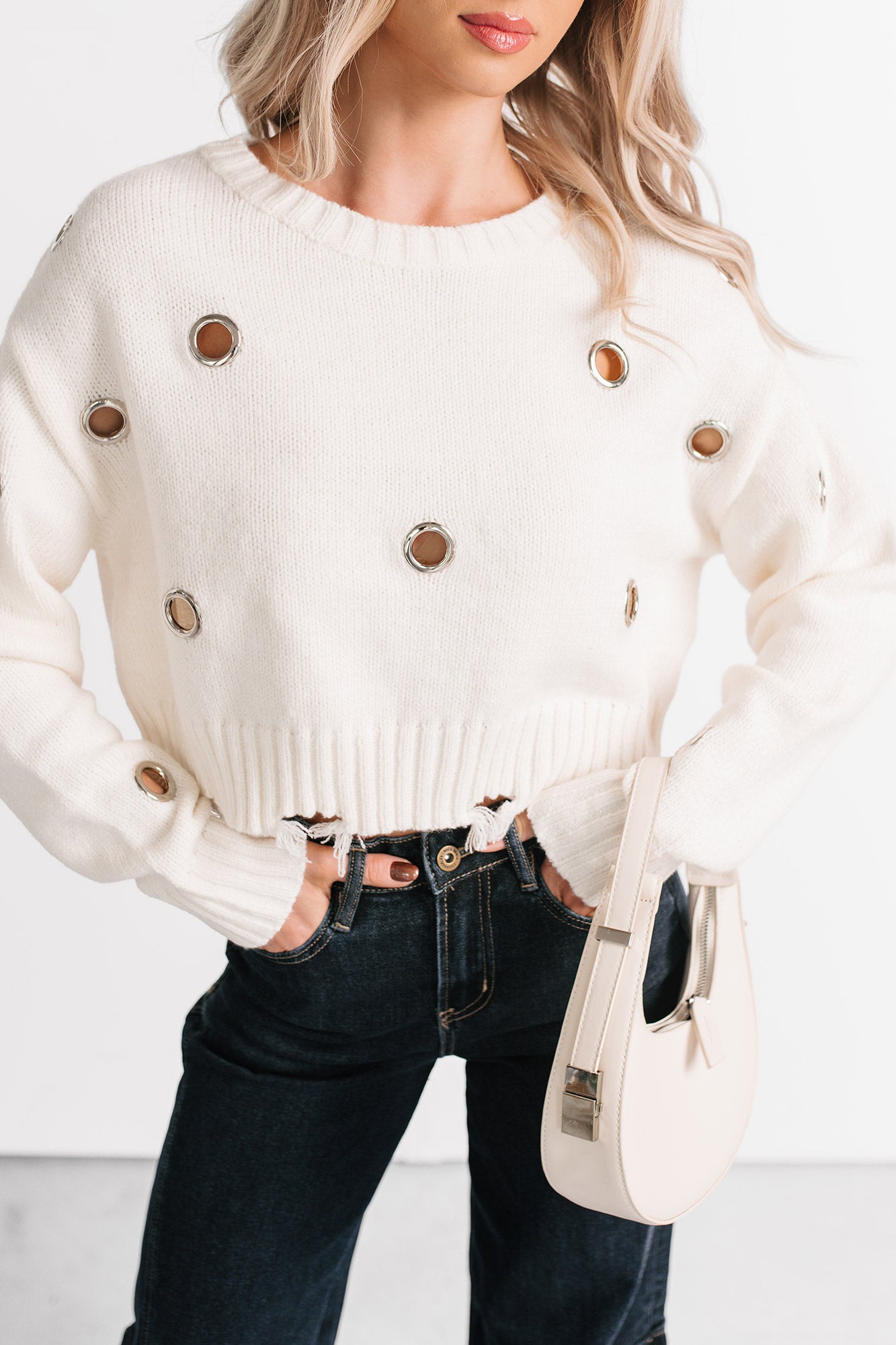 Winter Slow Distressed Grommet Sweater (Ivory) - NanaMacs