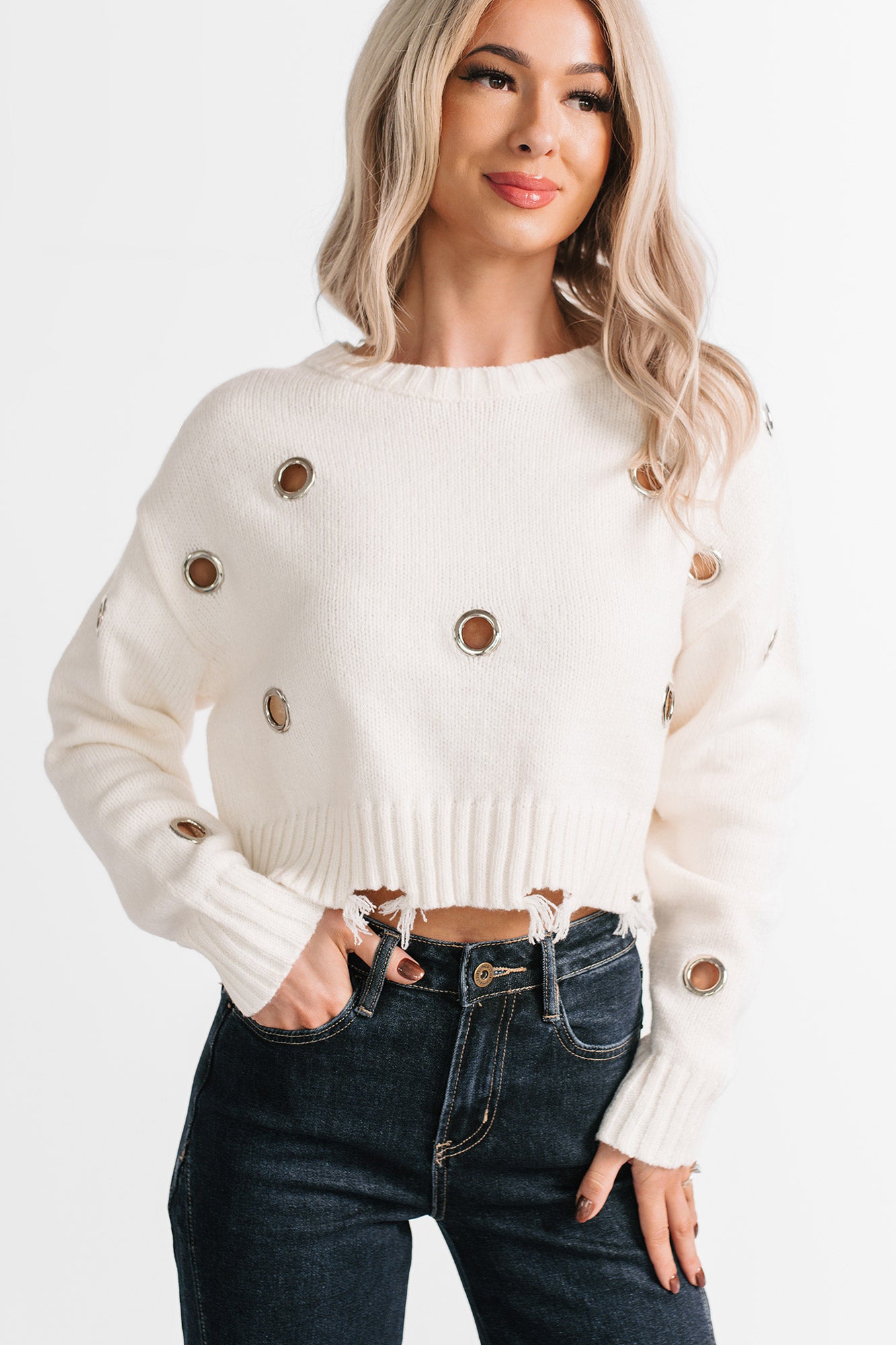 Winter Slow Distressed Grommet Sweater (Ivory) - NanaMacs