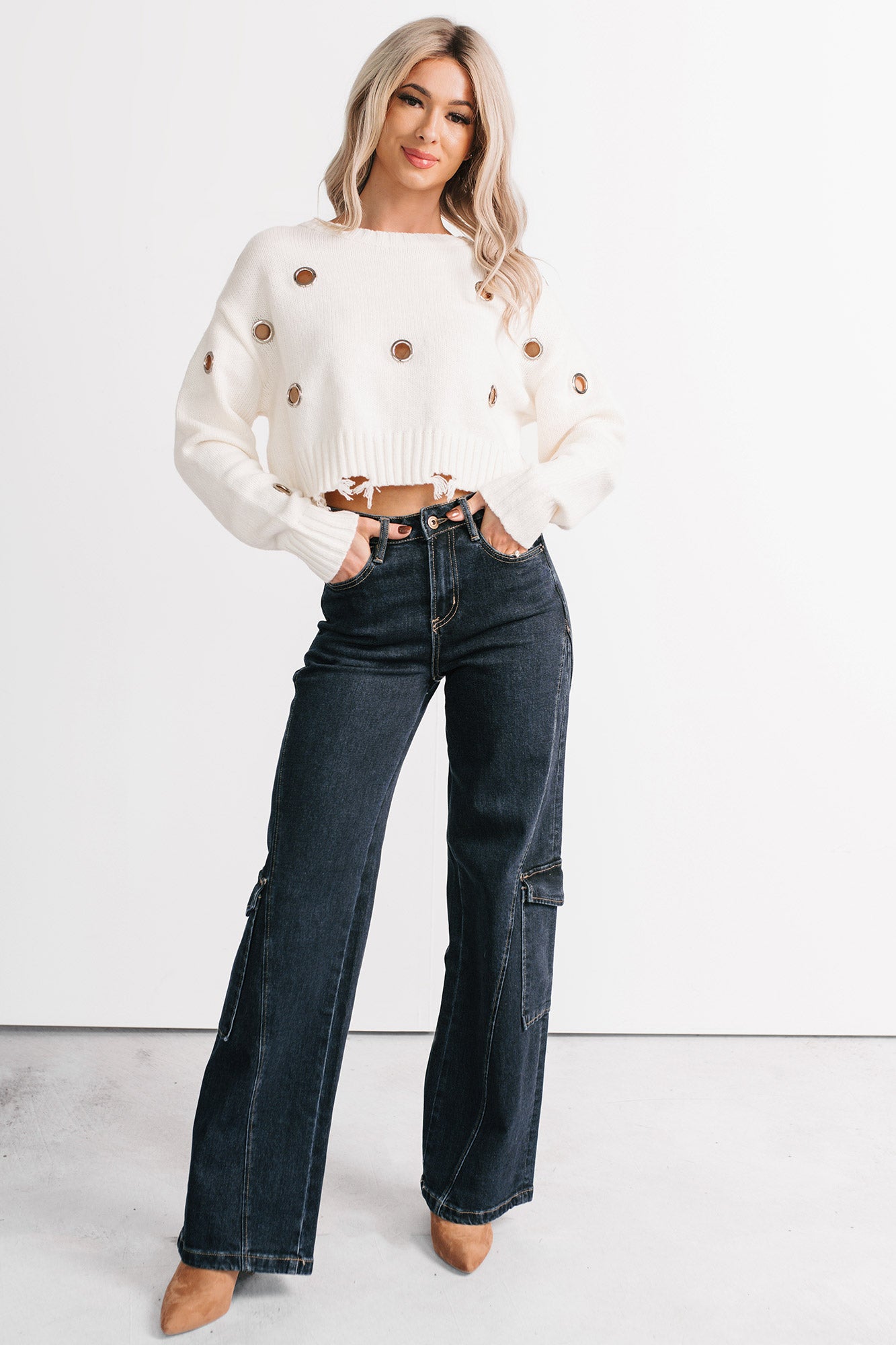 Winter Slow Distressed Grommet Sweater (Ivory) - NanaMacs