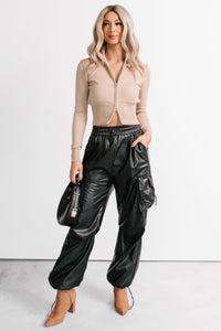 Don’t Be Shy Faux Leather Cargo Pants (Black) - NanaMacs