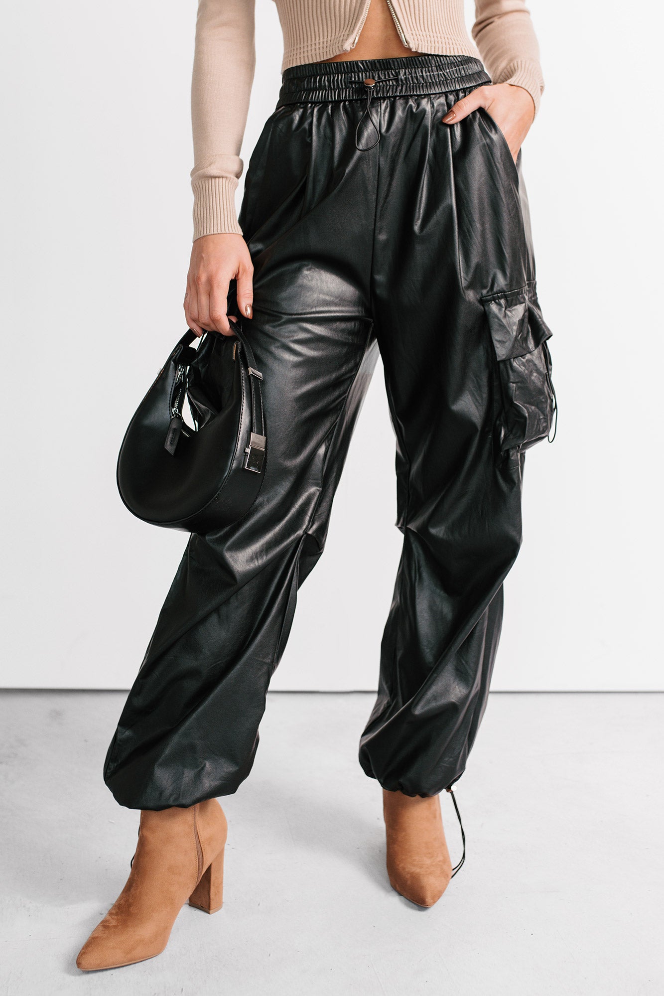 Don't Be Shy Faux Leather Cargo Pants (Black) · NanaMacs