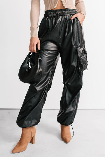 Don’t Be Shy Faux Leather Cargo Pants (Black)