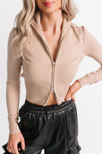 Preferred Taste Mock Neck Zip-Up Sweater (Khaki) - NanaMacs