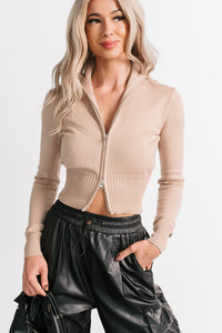 Preferred Taste Mock Neck Zip-Up Sweater (Khaki) - NanaMacs