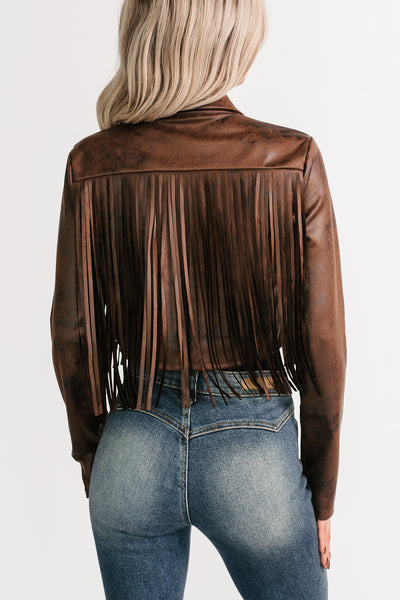 Hayfield Haze Open Front Tassel Jacket (Chocolate)