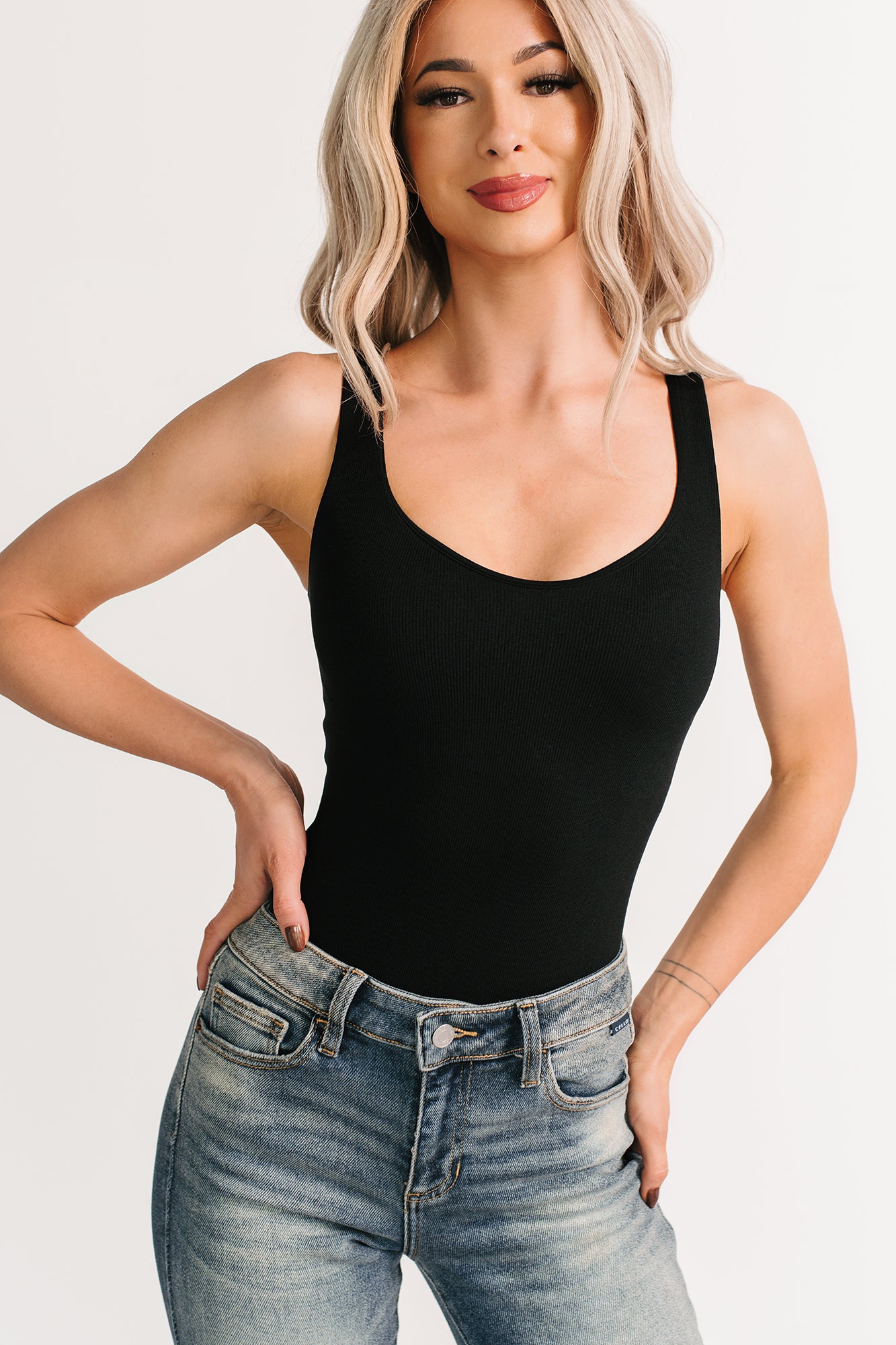 Couture Mood Scoop Neck Sleeveless Bodysuit (Black) - NanaMacs