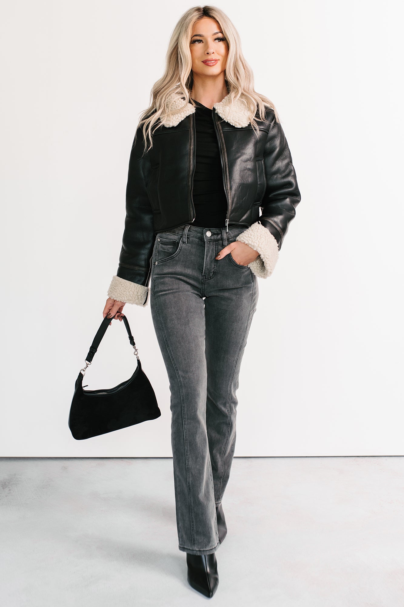 Serves You Right Sherpa Lined Faux Leather Jacket (Black) - NanaMacs