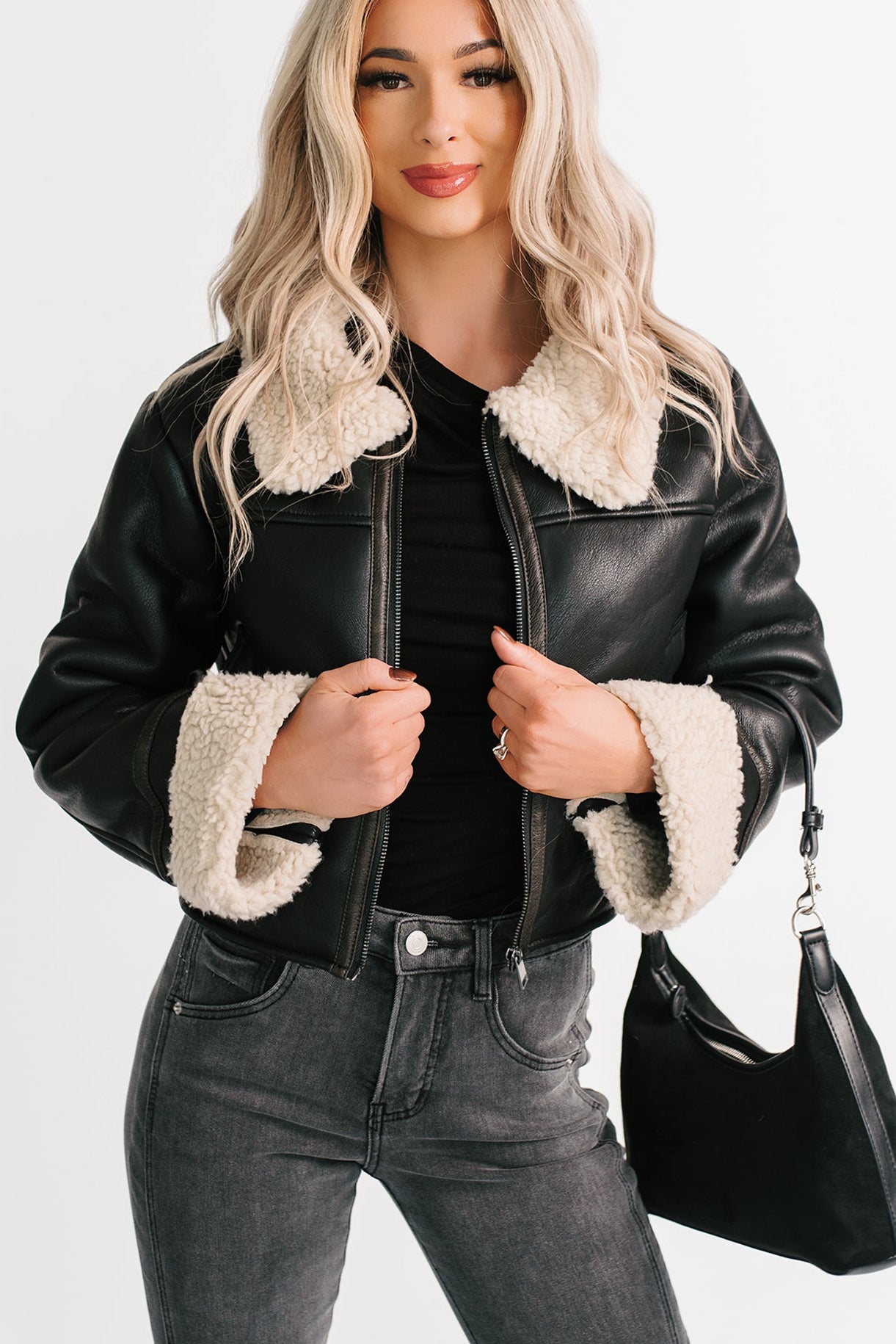 Serves You Right Sherpa Lined Faux Leather Jacket (Black) - NanaMacs