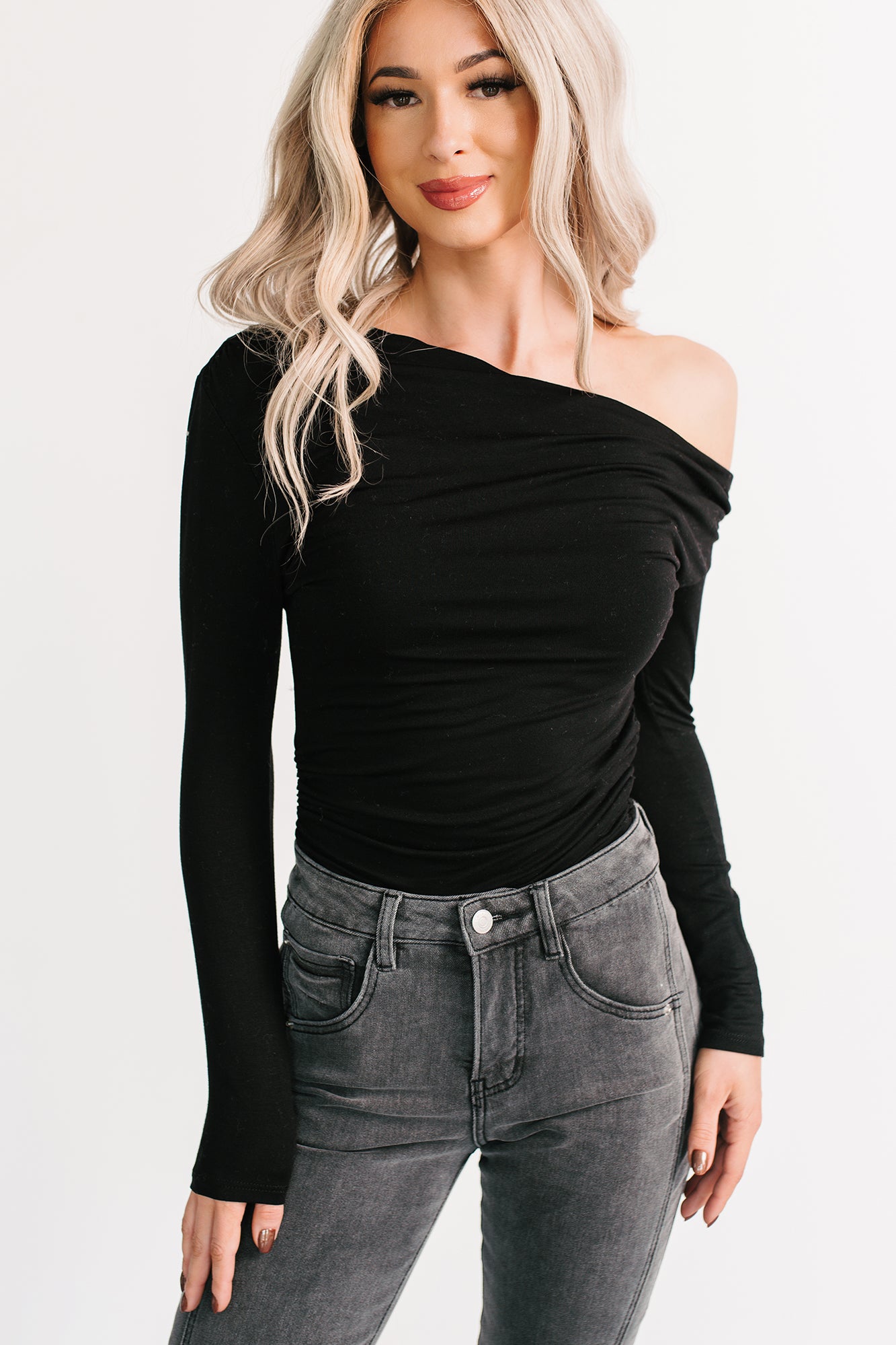 Classic Heart One Shoulder Long Sleeve Top (Black) - NanaMacs