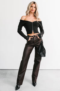 Truett Straight Leg Faux Leather Pants (Dark Brown) - NanaMacs