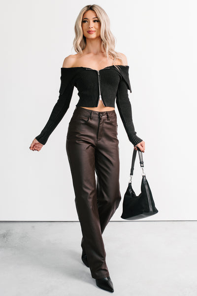 Sweet Spell Off The Shoulder Zip-Up Sweater (Black) - NanaMacs