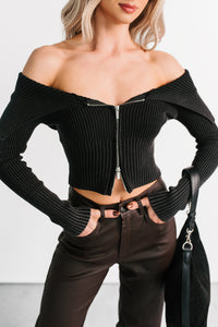Sweet Spell Off The Shoulder Zip-Up Sweater (Black) - NanaMacs