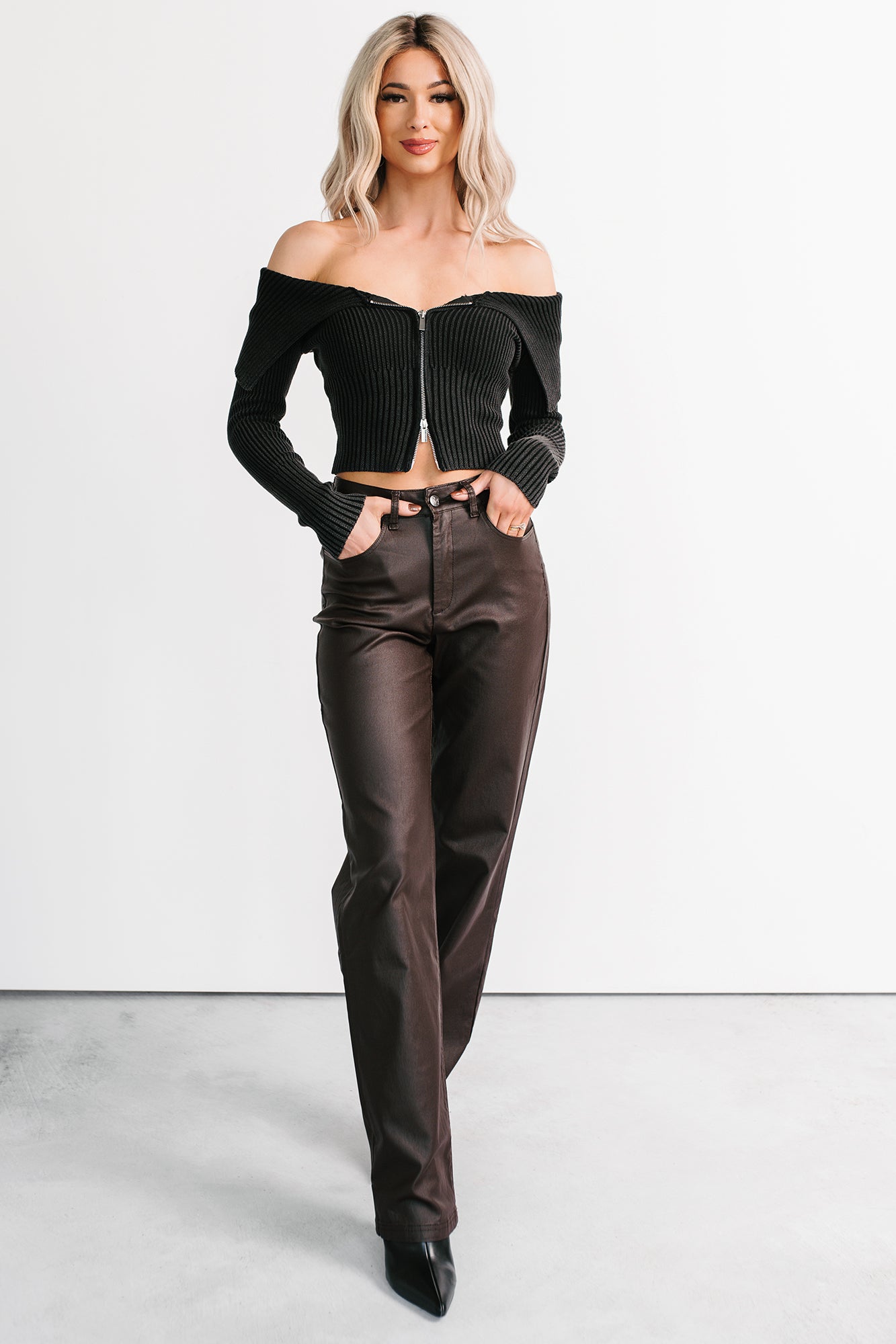 Sweet Spell Off The Shoulder Zip-Up Sweater (Black) · NanaMacs