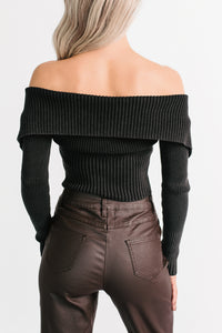 Sweet Spell Off The Shoulder Zip-Up Sweater (Black) - NanaMacs