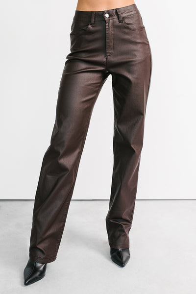 Truett Straight Leg Faux Leather Pants (Dark Brown)