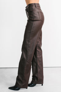 Truett Straight Leg Faux Leather Pants (Dark Brown) - NanaMacs