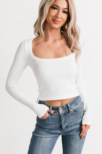 Easy Attitude Scoop Neck Ribbed Crop Top (White) - NanaMacs