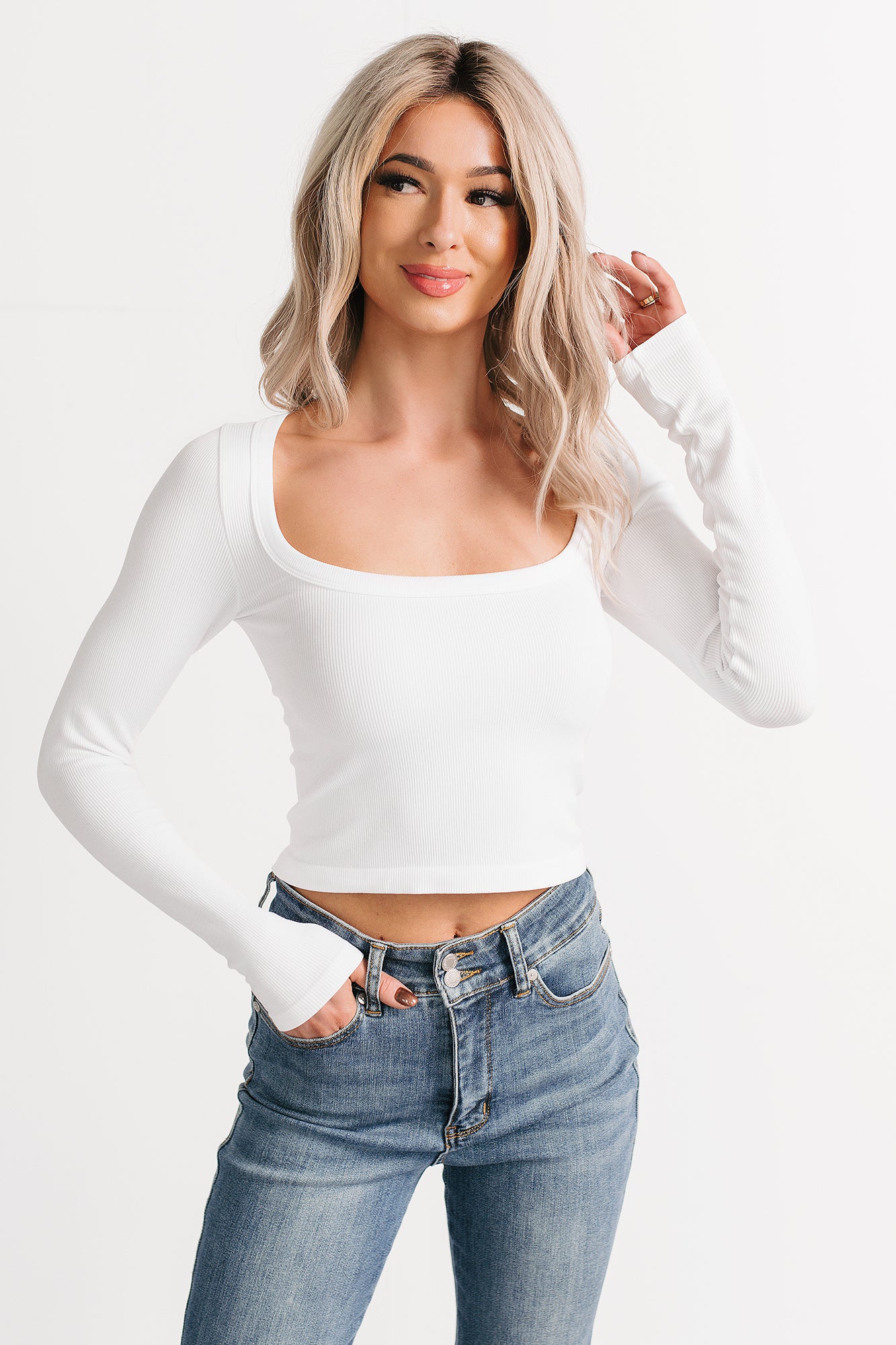 Easy Attitude Scoop Neck Ribbed Crop Top (White) - NanaMacs