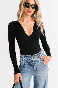 Regal Routine Long Sleeve Plunging Bodysuit (Black) - NanaMacs