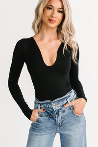Regal Routine Long Sleeve Plunging Bodysuit (Black) - NanaMacs