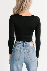 Regal Routine Long Sleeve Plunging Bodysuit (Black) - NanaMacs